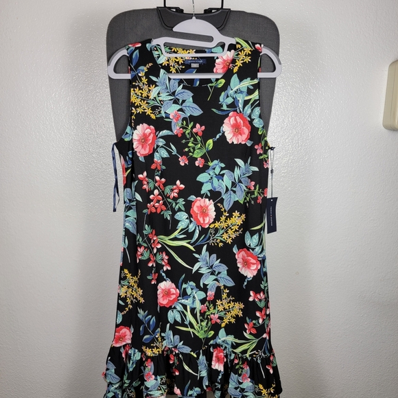 Tommy Hilfiger Womens Floral Tank Dress Ruffle Bottom Black And Floral Sz 8 - Picture 1 of 7